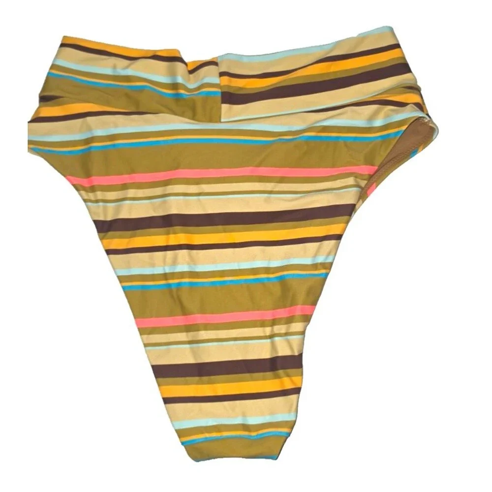 Aerie Brown Orange Striped High Cut Cheeky Swim Bathing Suit Bottom L NEW